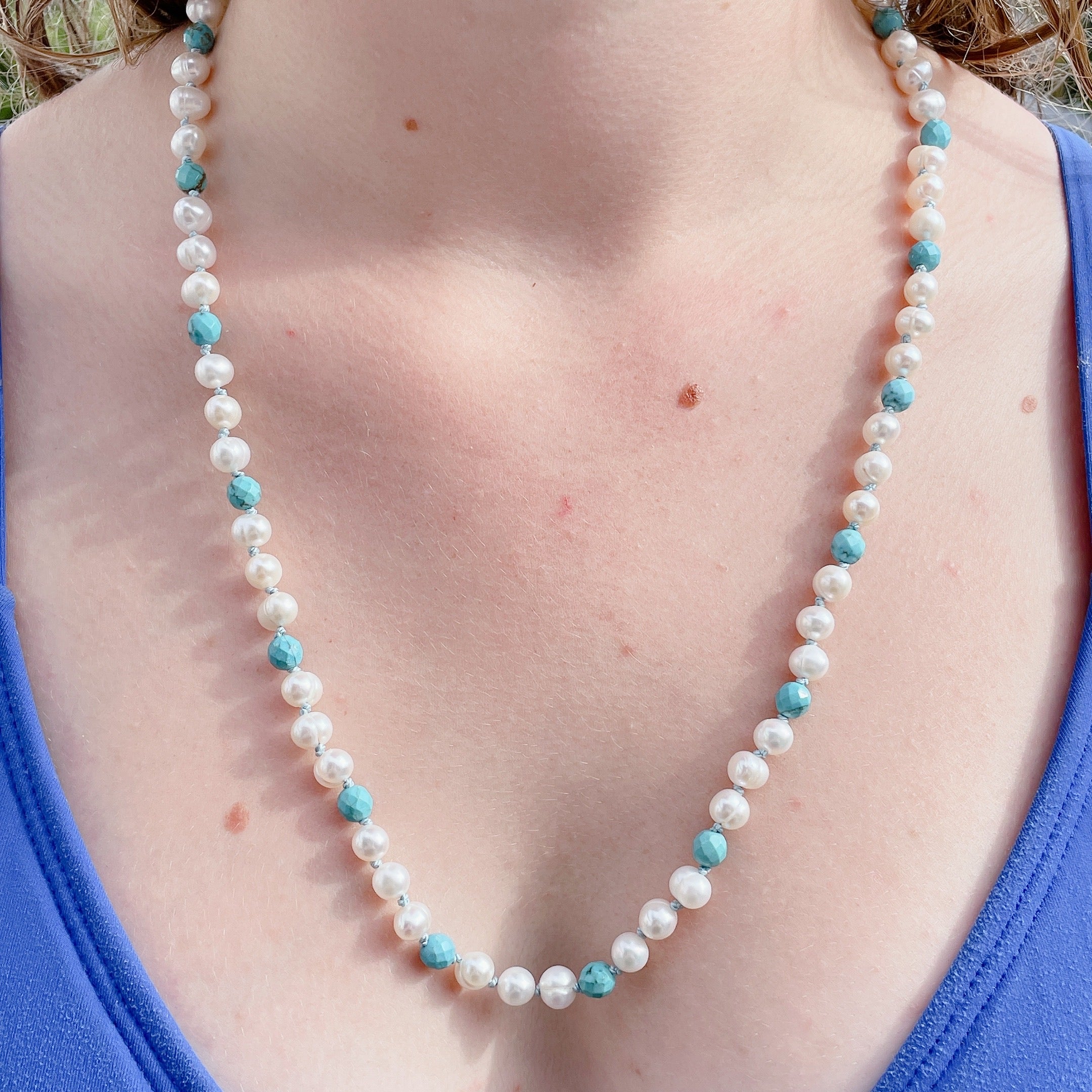 FRESHWATER PEARL & TURQUOISE Beaded Necklace | Silver | 23"