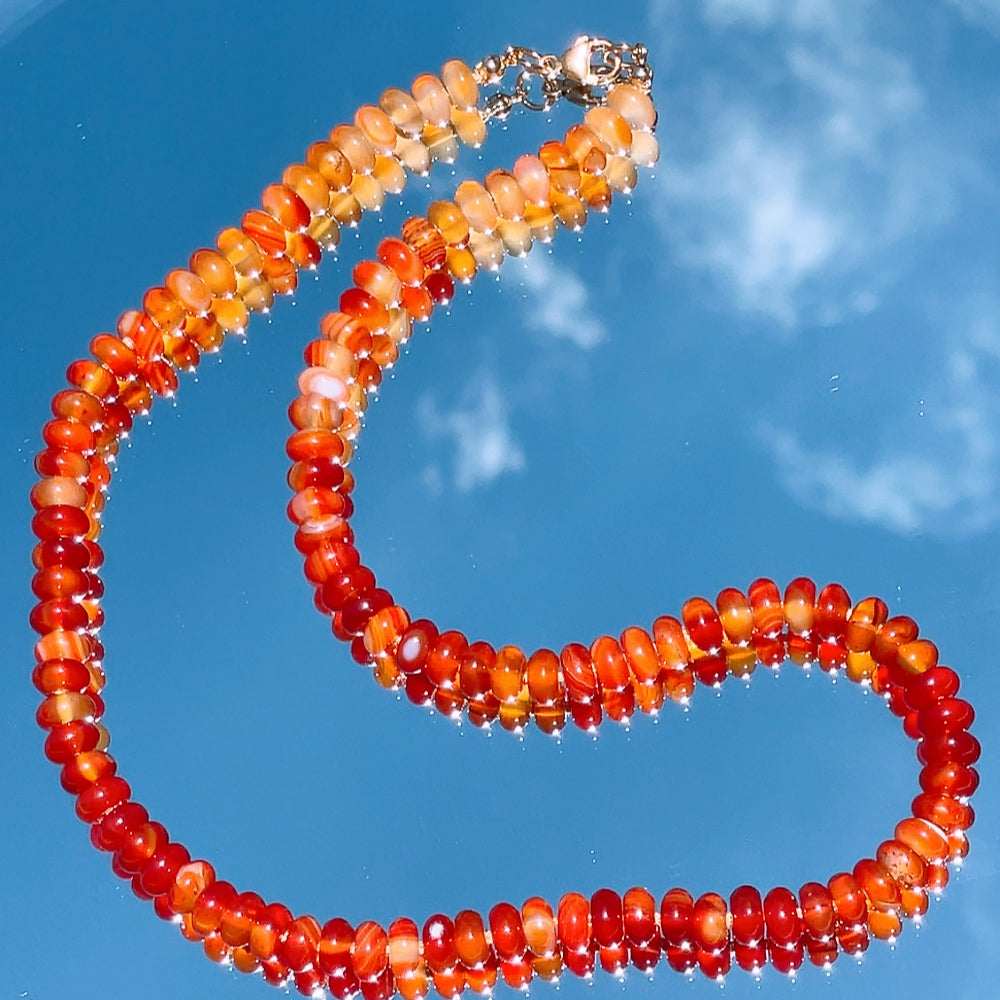 OMBRE Red/Orange Agate Beaded Gemstone Necklace | Gold | 21' | ONE OF A KIND