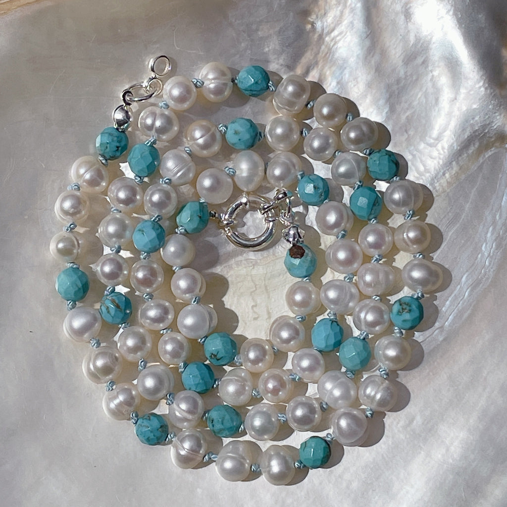 FRESHWATER PEARL & TURQUOISE Beaded Necklace | Silver | 23"
