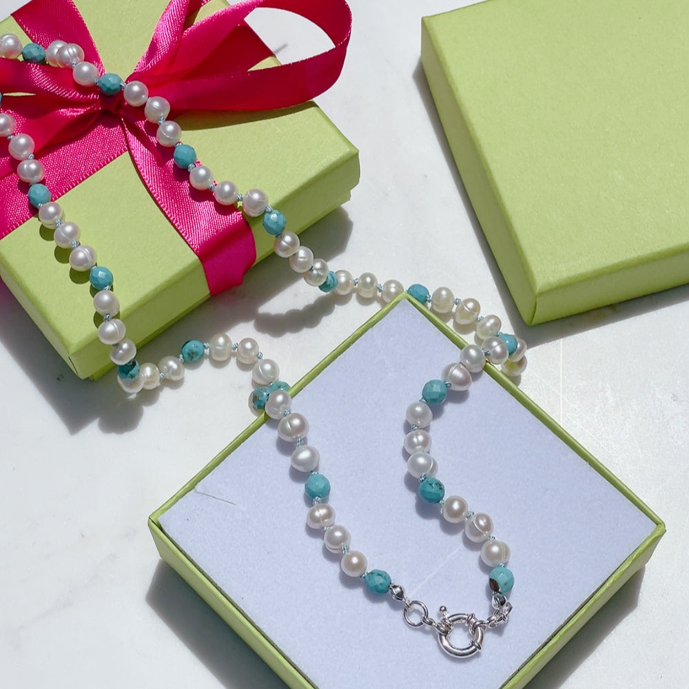 FRESHWATER PEARL & TURQUOISE Beaded Necklace | Silver | 23"