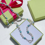 FRESHWATER PEARL & TURQUOISE Beaded Necklace | Silver | 23"