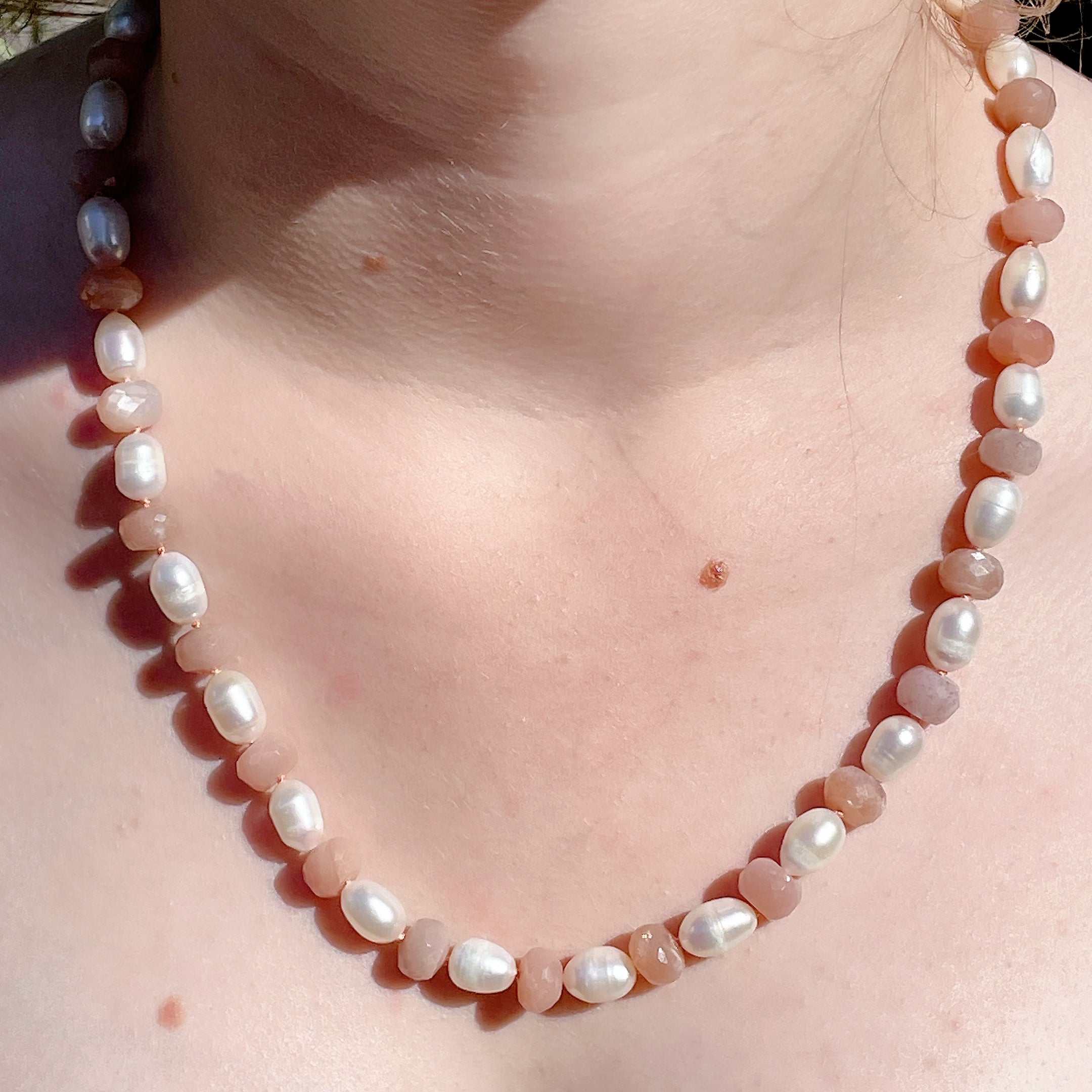 LAYLA Peach Moonstone + Pearl Beaded Gemstone Necklace | Gold | 21" | ONE OF A KIND
