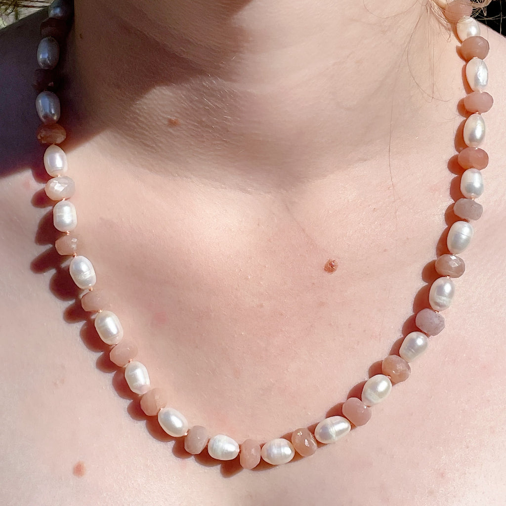 'NEW' LAYLA Peach Moonstone + Pearl Beaded Gemstone Necklace | Gold | 21" | ONE OF A KIND
