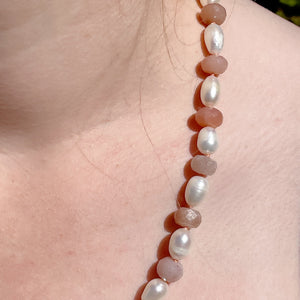 LAYLA Peach Moonstone + Pearl Beaded Gemstone Necklace | Gold | 21" | ONE OF A KIND