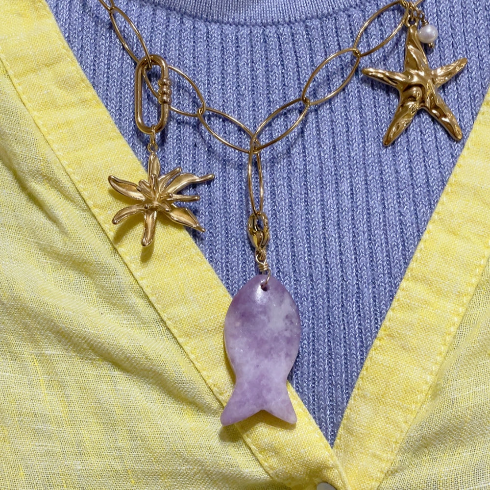 'NEW' PURPLE AMETHYST GEMSTONE FISH Charm | Gold & Silver
