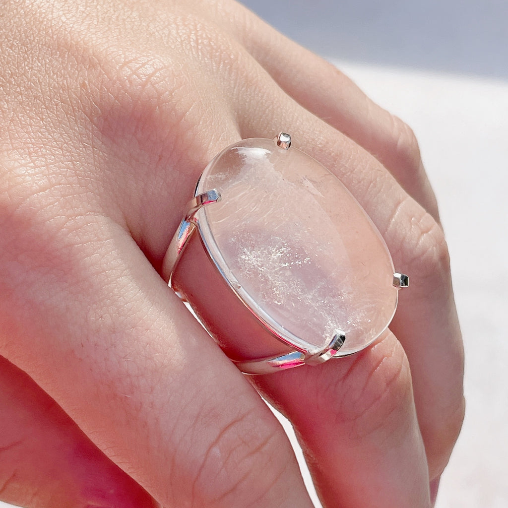 POLISHED Round Clear Quartz Crystal Cuff Ring | Silver (Adjustable)