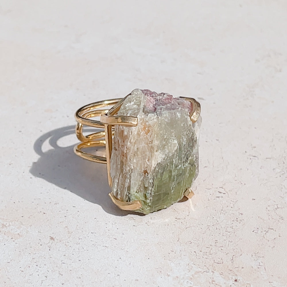 RAW Watermelon Tourmaline Crystal Ring | Gold (Adjustable)