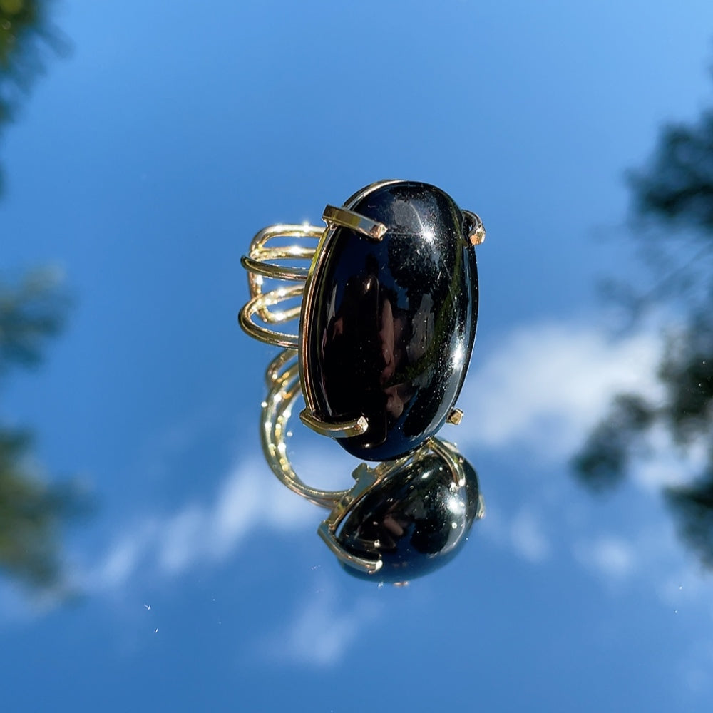 POLISHED Round Black Onyx Ring | Gold (Adjustable)