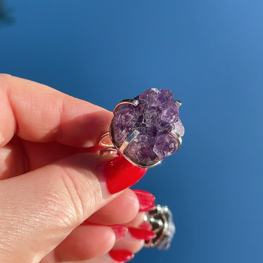 RAW Purple Amethyst Cluster Crystal Ring | Silver (Adjustable)