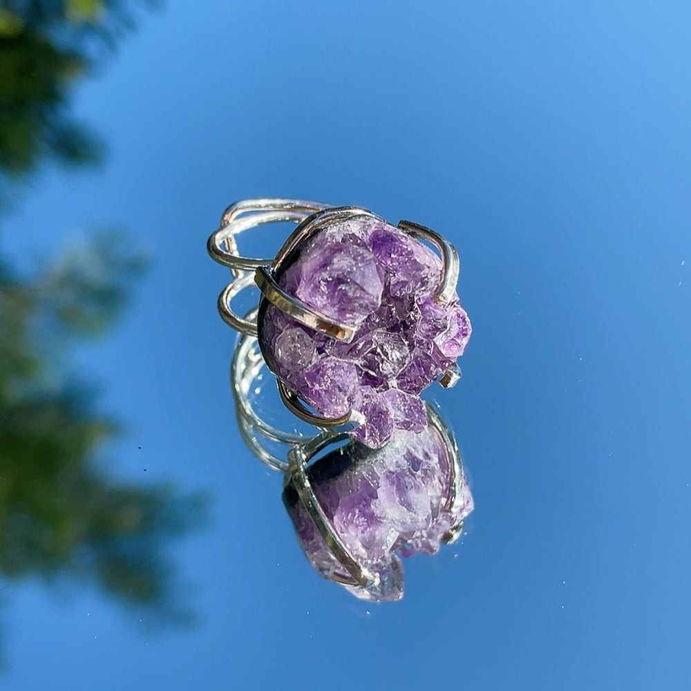 RAW Purple Amethyst Cluster Crystal Ring | Silver (Adjustable)