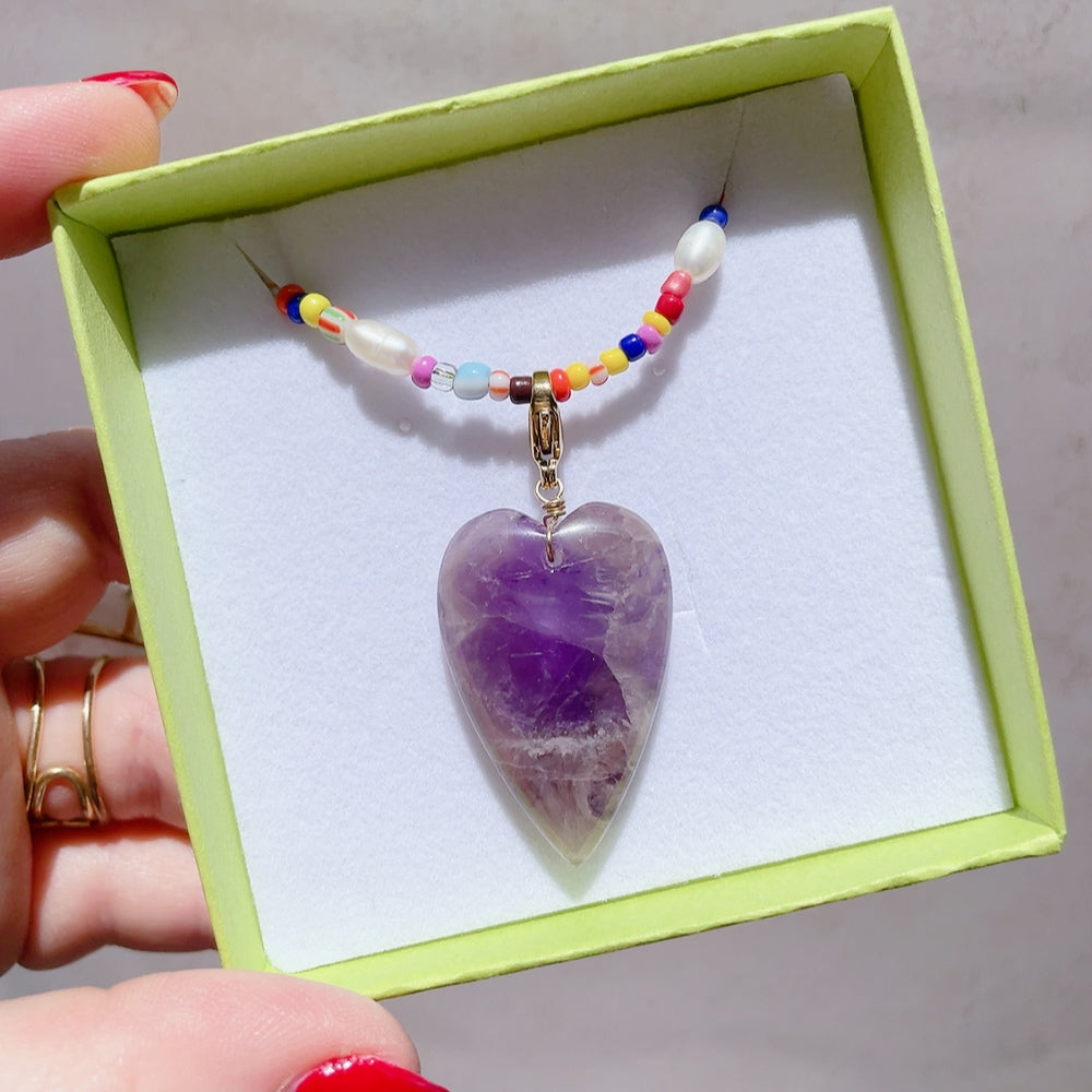 'NEW' PURPLE AMETHYST GEMSTONE HEART Pendant Charm | Gold & Silver