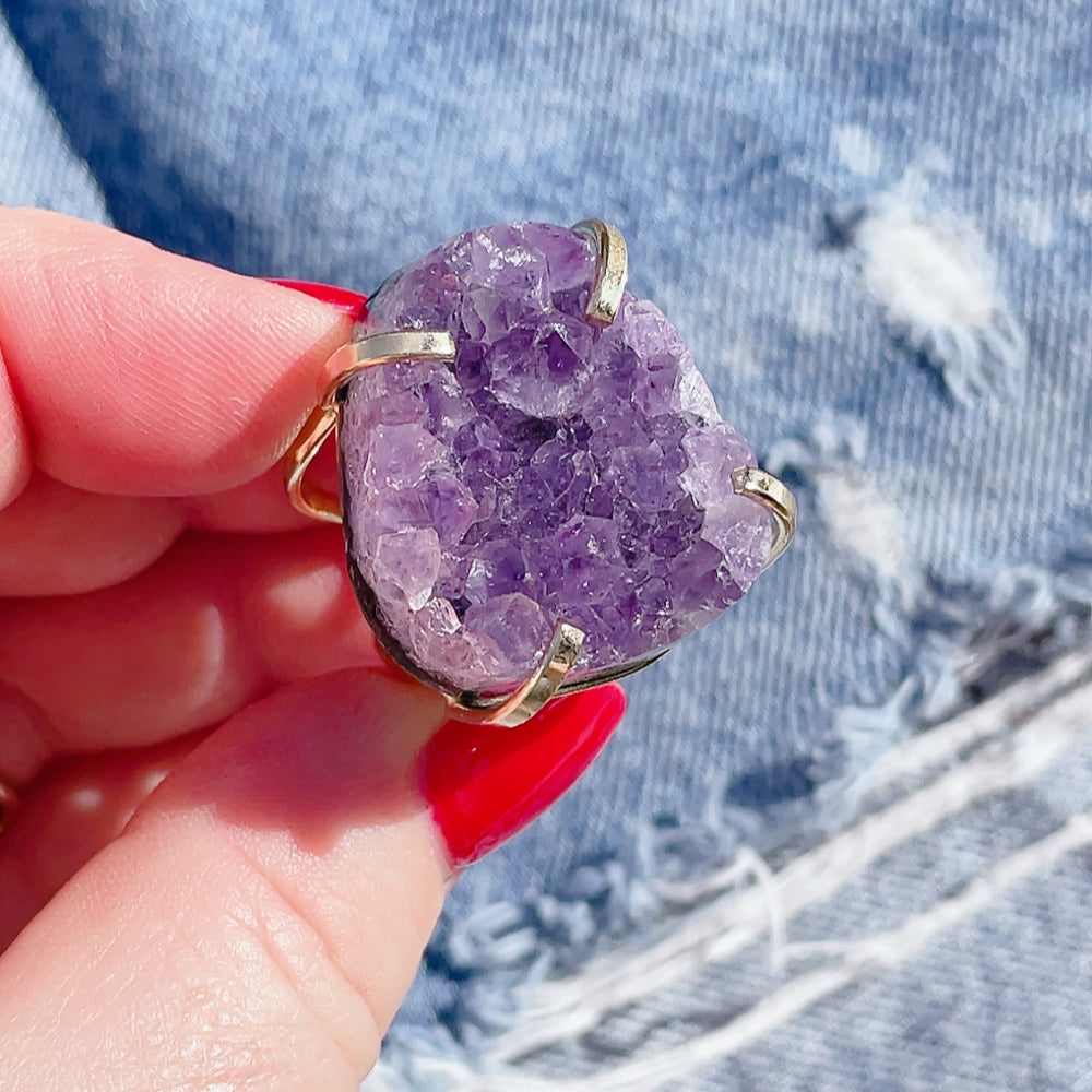 RAW Purple Amethyst Cluster Crystal Cuff Ring | Gold (Adjustable)