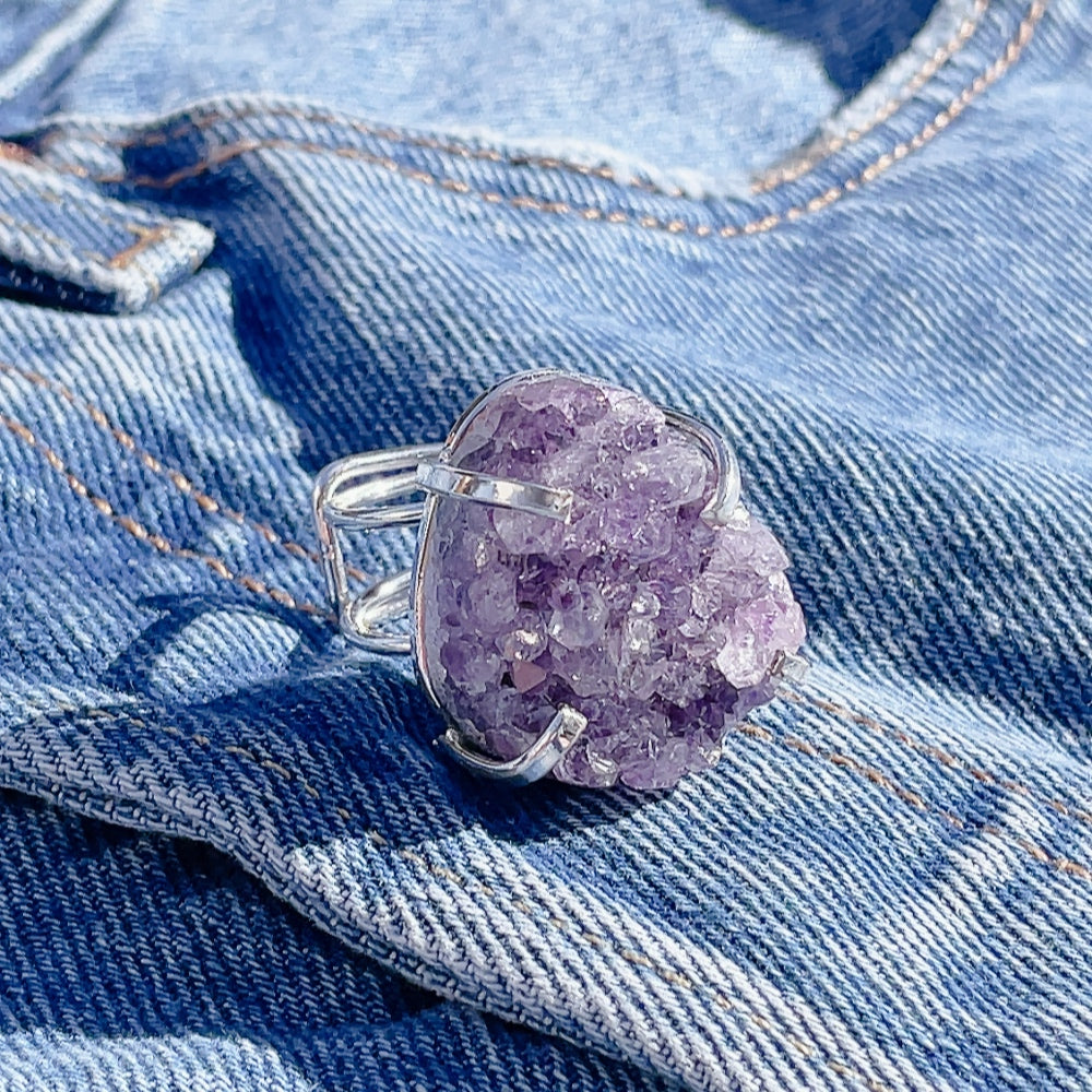 RAW Purple Amethyst Cluster Crystal Ring | Silver (Adjustable)