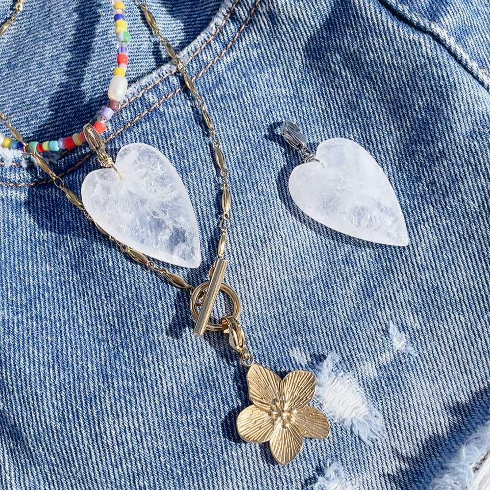 'NEW' CLEAR QUARTZ GEMSTONE HEART Charm | Gold & Silver