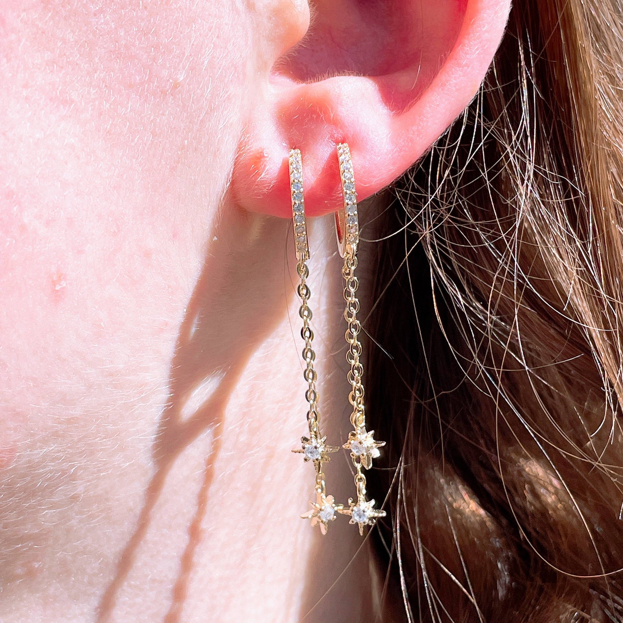 MINI STARBURST Twin Chain Encrusted Hoops | Gold