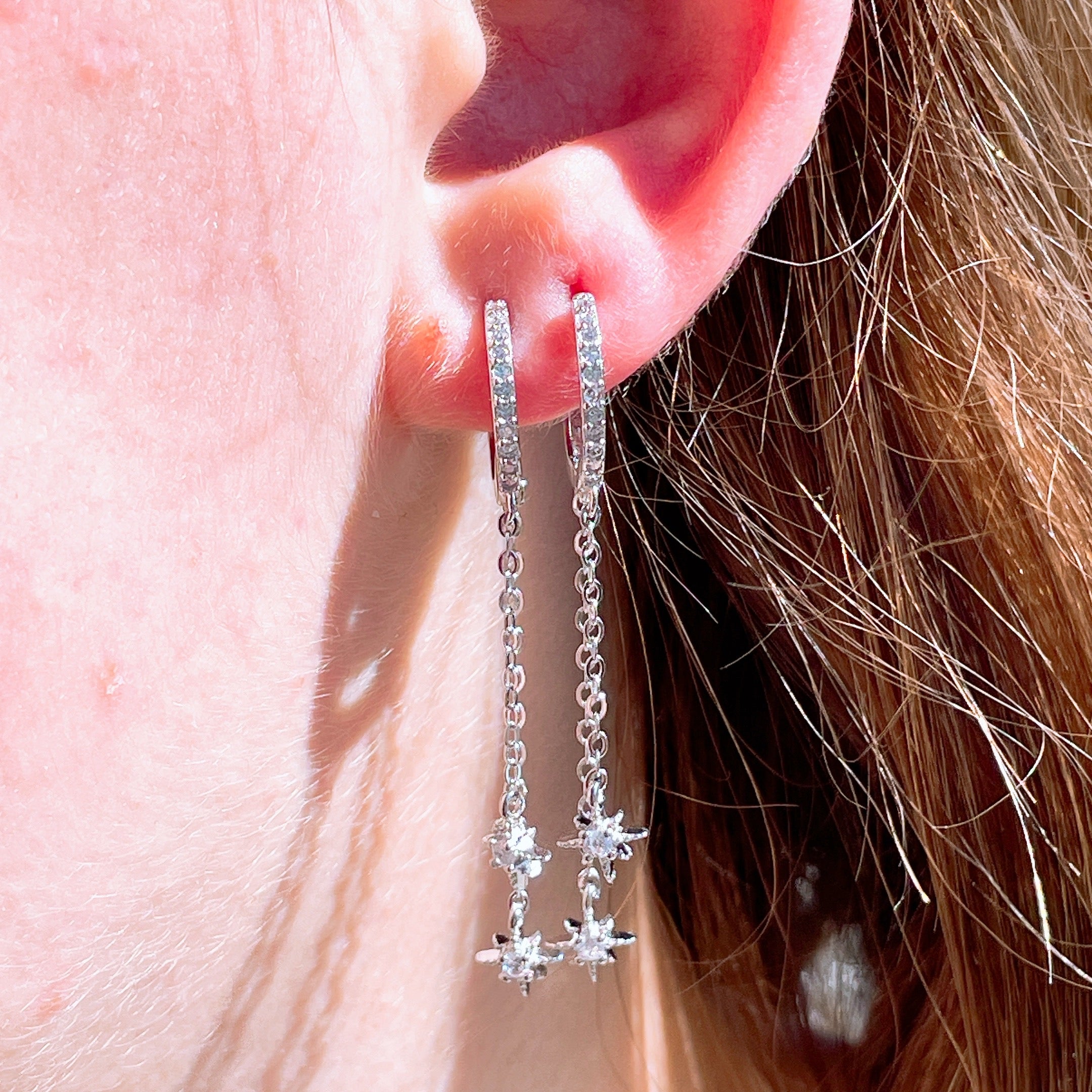 MINI STARBURST Twin Chain Encrusted Hoops | Sterling Silver