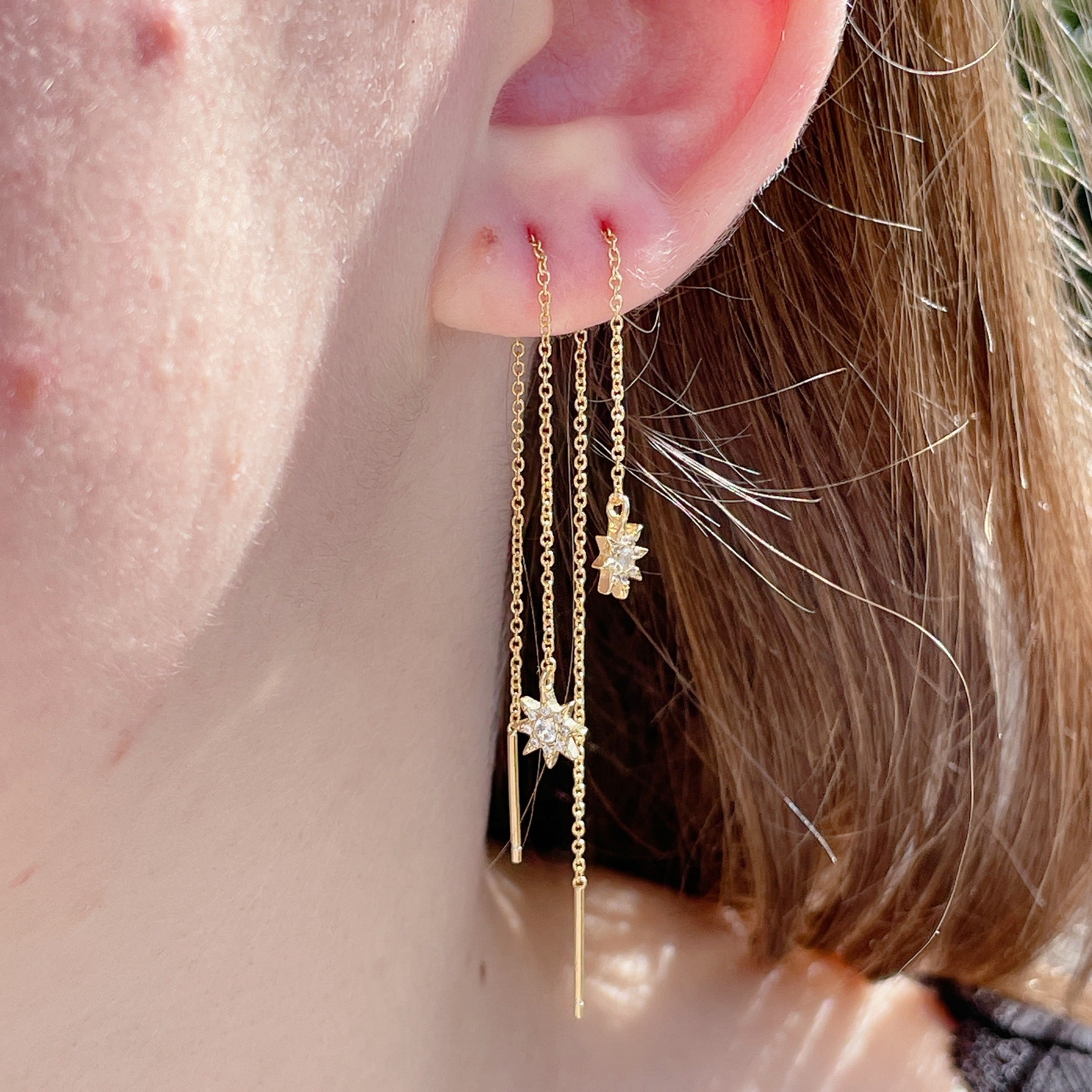 MINI STARBURST Diamond Threader Earrings | Gold