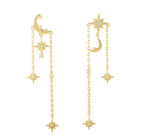 TASSEL Star & Moon Encrusted Dangle Studs | 14kt Gold