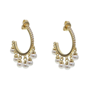 BEADED PEARL & PAVED Semi-Hoops | Gold