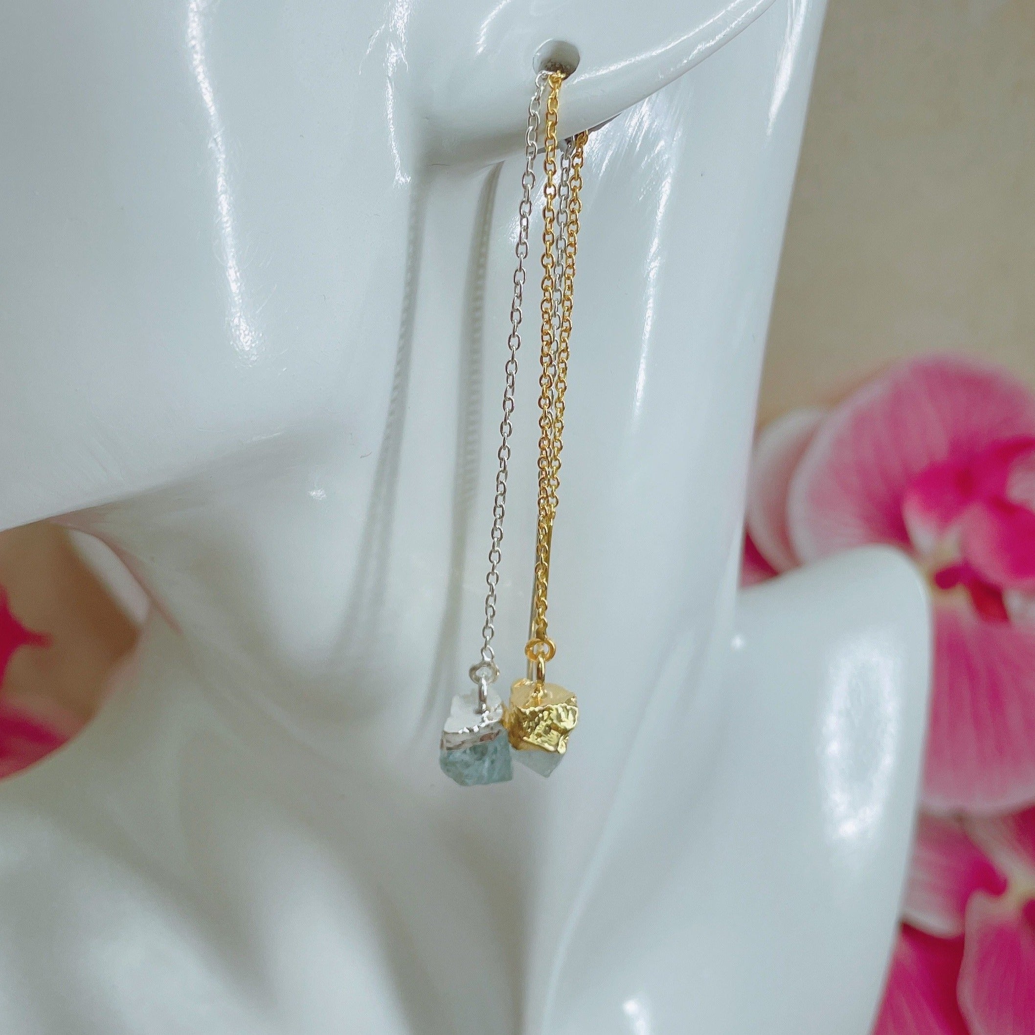 RAW Blue Aquamarine Crystal Threader Earrings | Gold/Sterling Silver