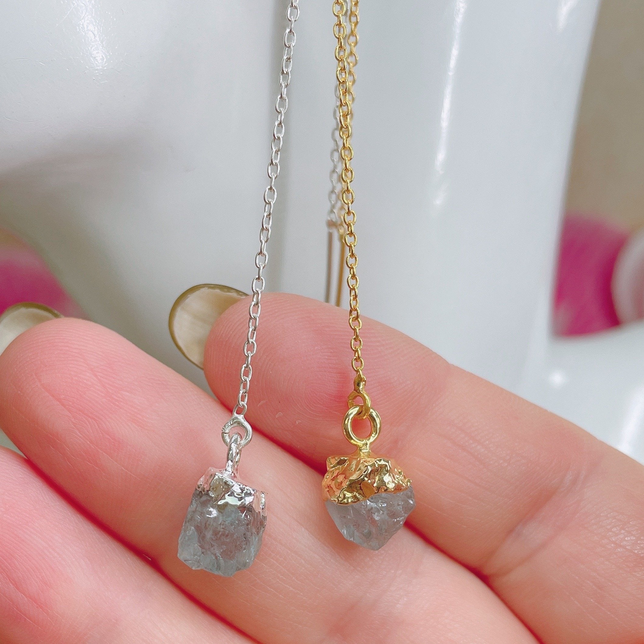 RAW Blue Aquamarine Crystal Threader Earrings | Gold/Sterling Silver