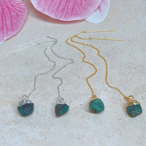 RAW Green Emerald Crystal Threader Earrings | Gold/Sterling Silver
