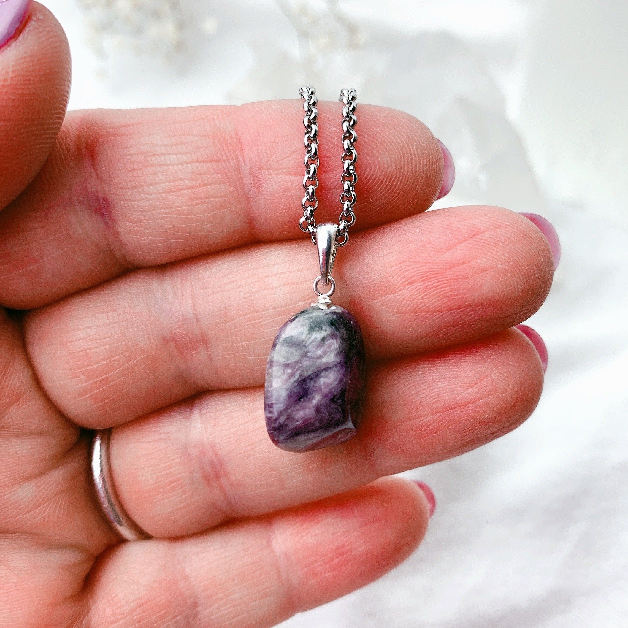 SACRED Purple Charoite Gemstone Pendant Necklace | Silver (50cm chain)