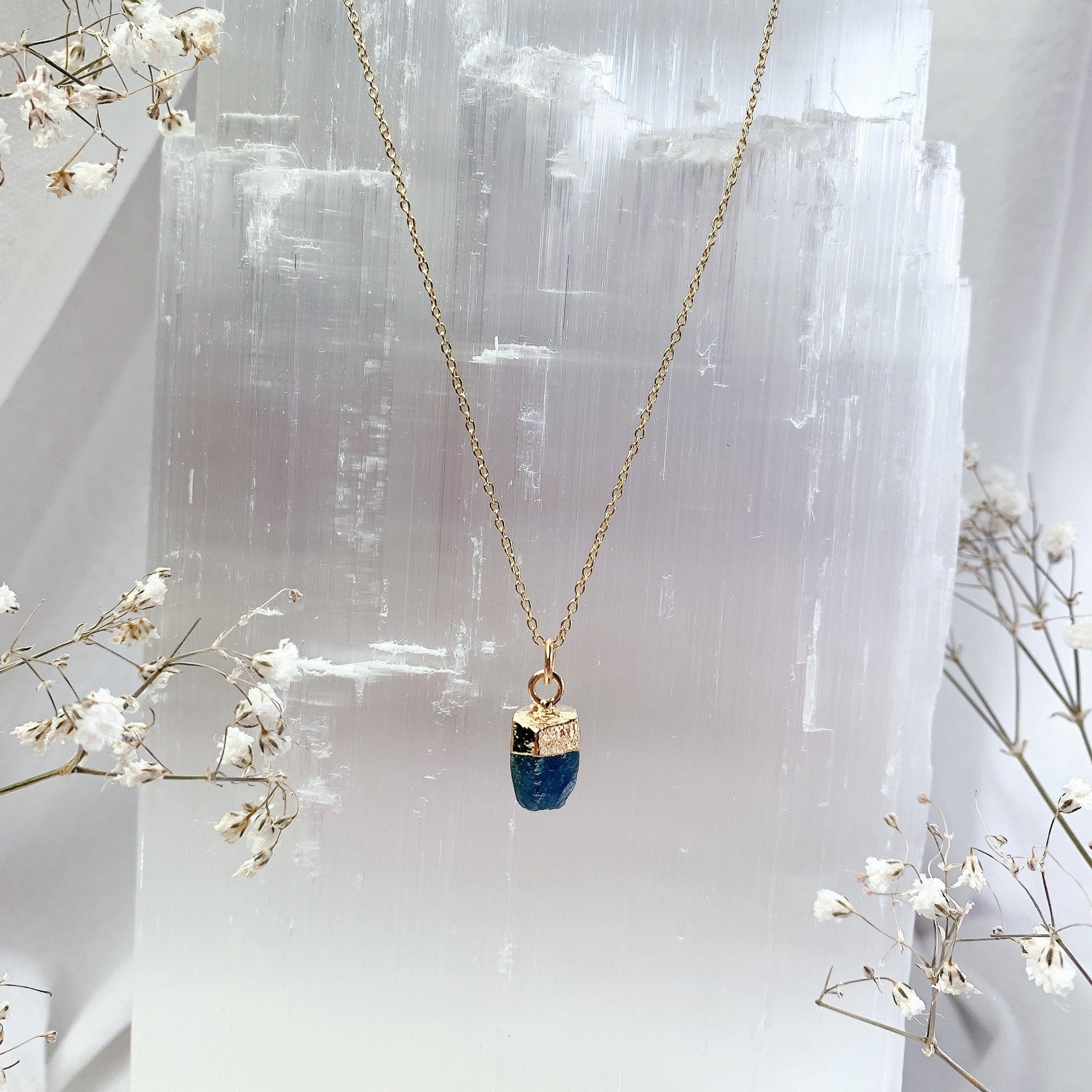 RAW Blue Sapphire Crystal Necklace | Gold/Sterling Silver (18 inch chain)