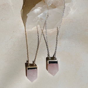 MALISHA Pink Rose Quartz Crystal Necklace | Gold/Sterling Silver (18 inch chain)