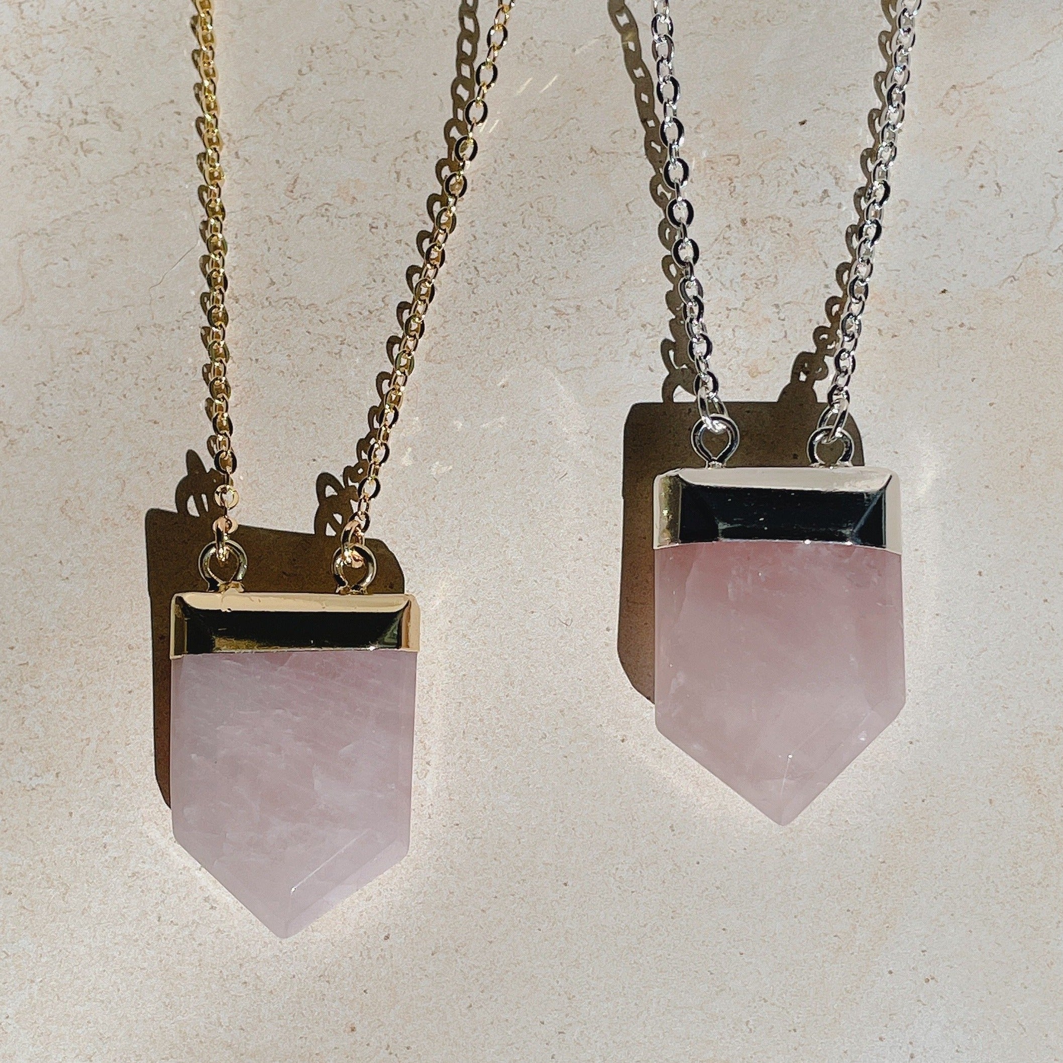 MALISHA Pink Rose Quartz Crystal Necklace | Gold/Sterling Silver (18 inch chain)