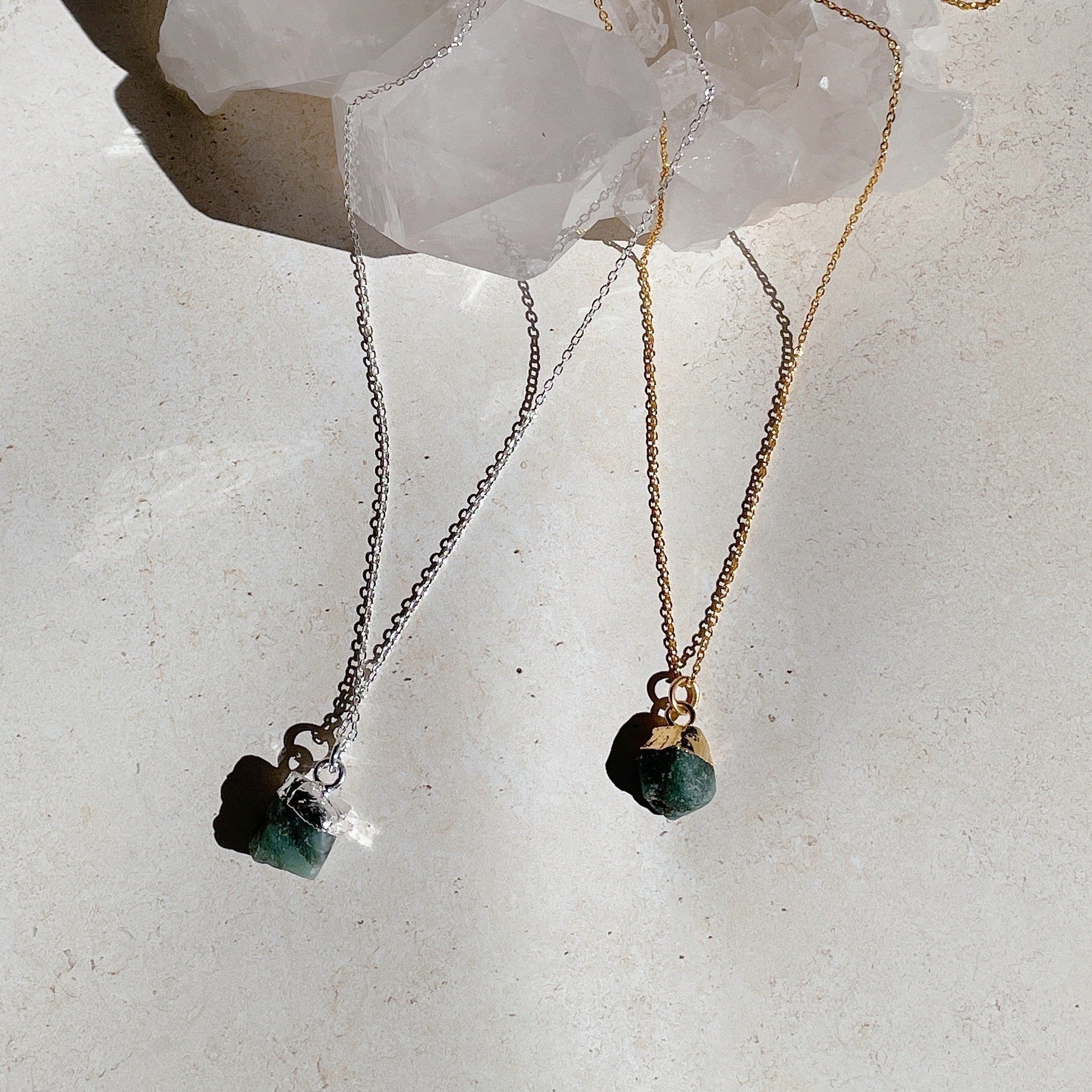 RAW Green Emerald Crystal Necklace | Gold/Sterling Silver (18 inch chain)