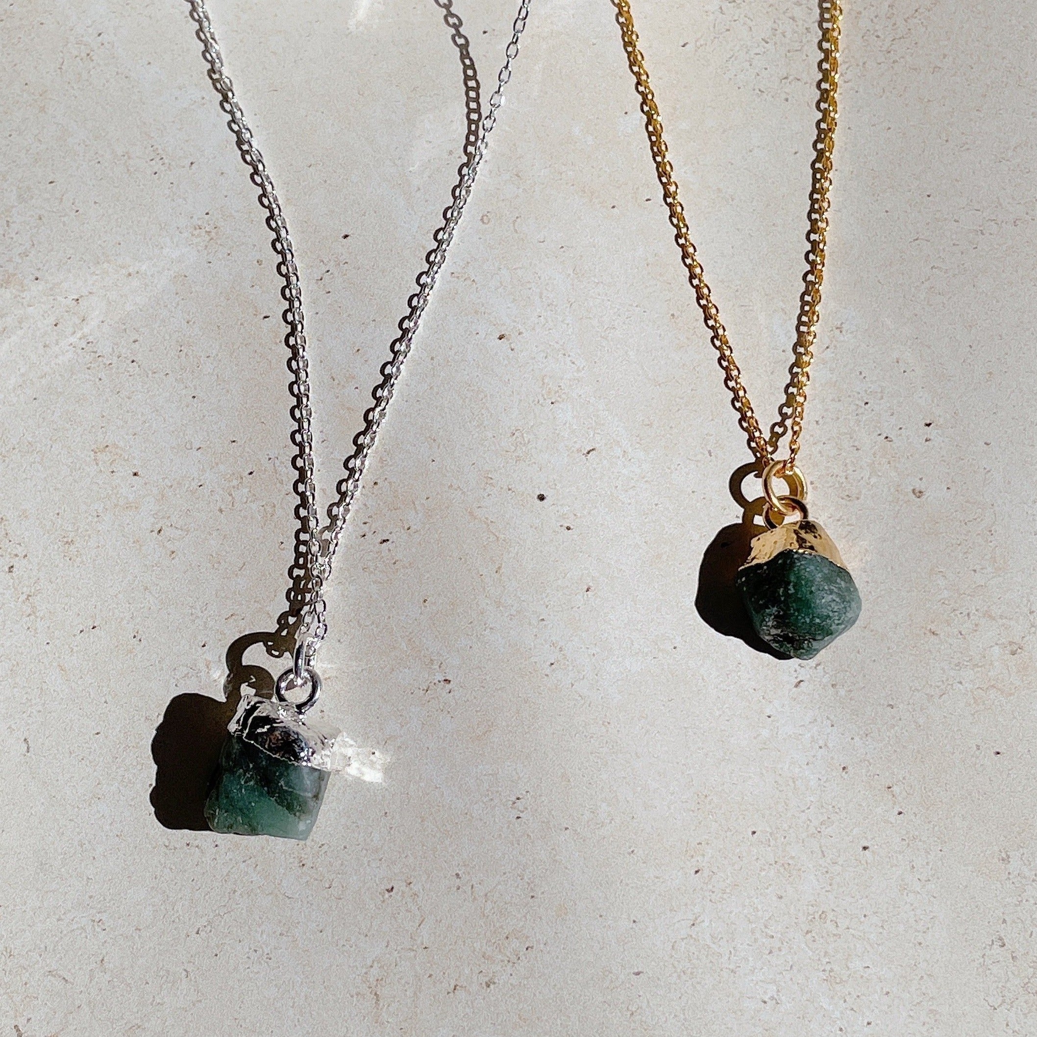 RAW Green Emerald Crystal Necklace | Gold/Sterling Silver (18 inch chain)