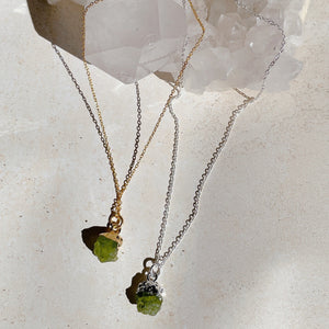 RAW Green Peridot Crystal Necklace | Gold/Sterling Silver (18 inch chain)