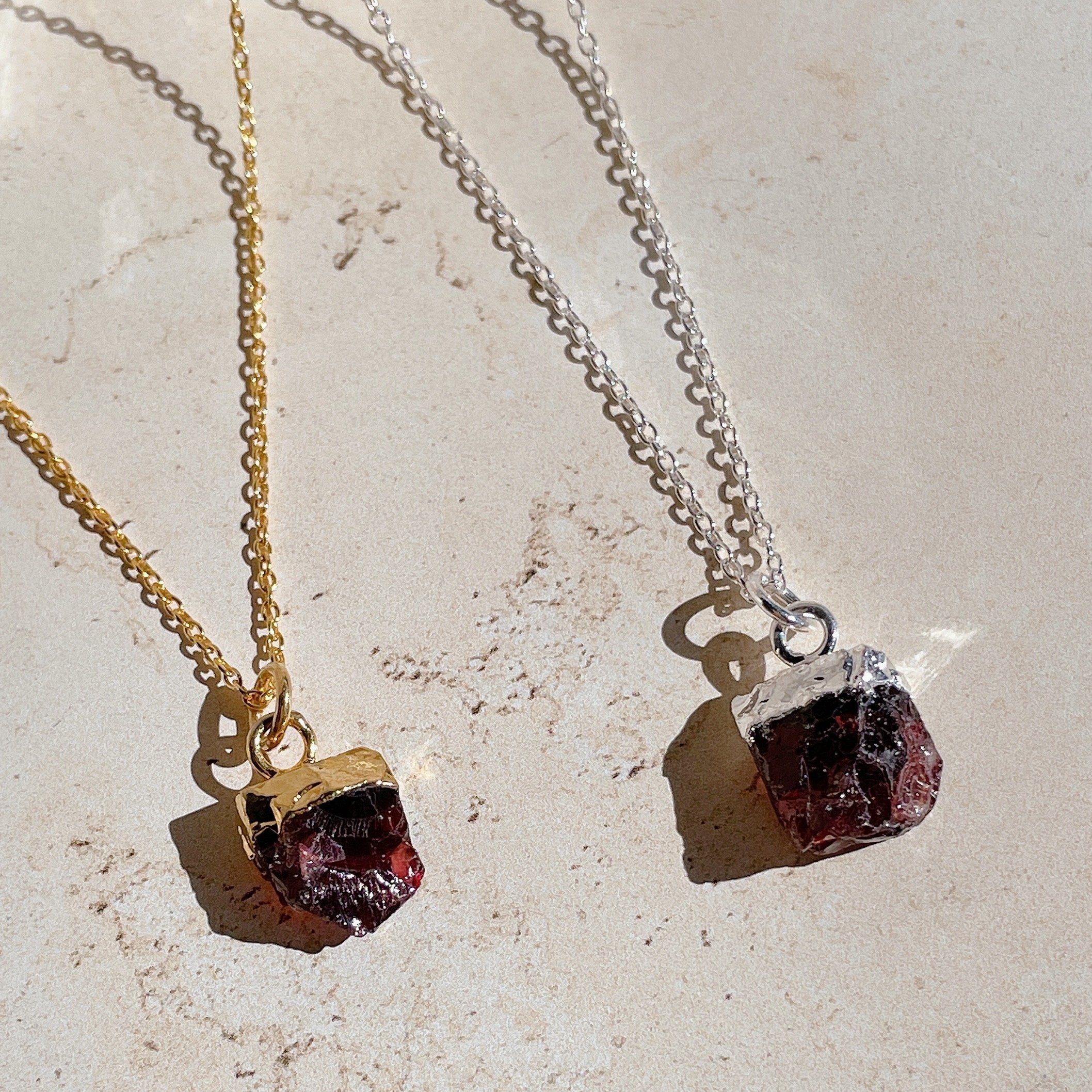 RAW Red Garnet Crystal Necklace | Gold/Sterling Silver (18 inch chain)