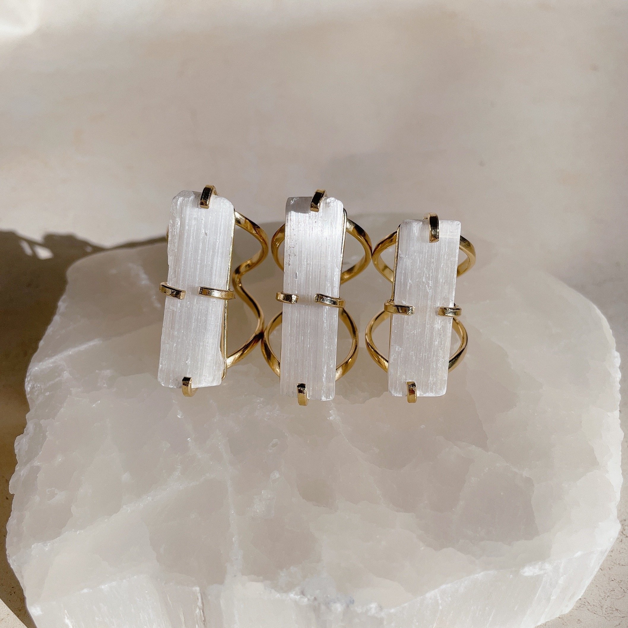 RAW Natural Selenite Crystal Ring | Gold (Adjustable)