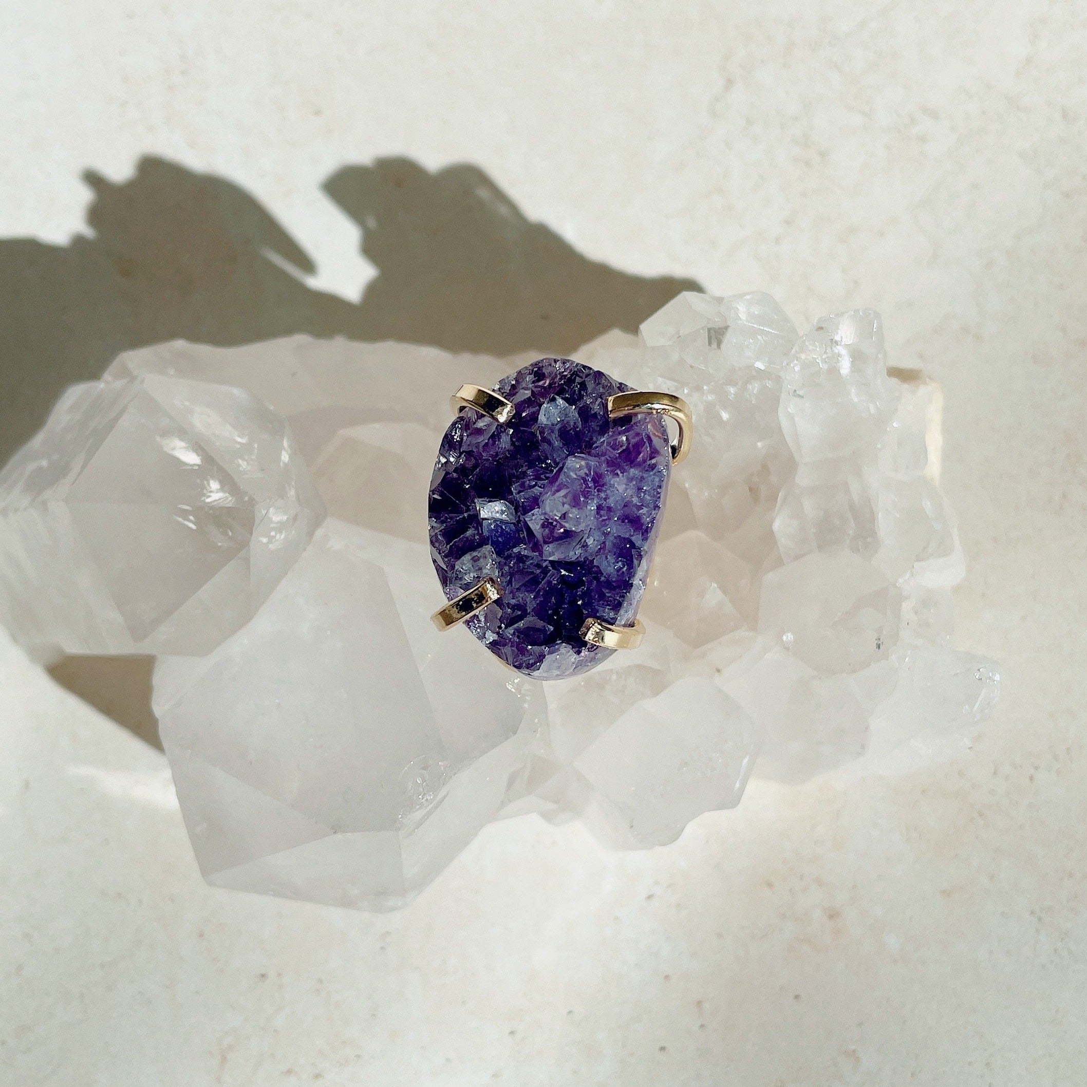 RAW Purple Amethyst Cluster Crystal Ring | Gold (Adjustable)