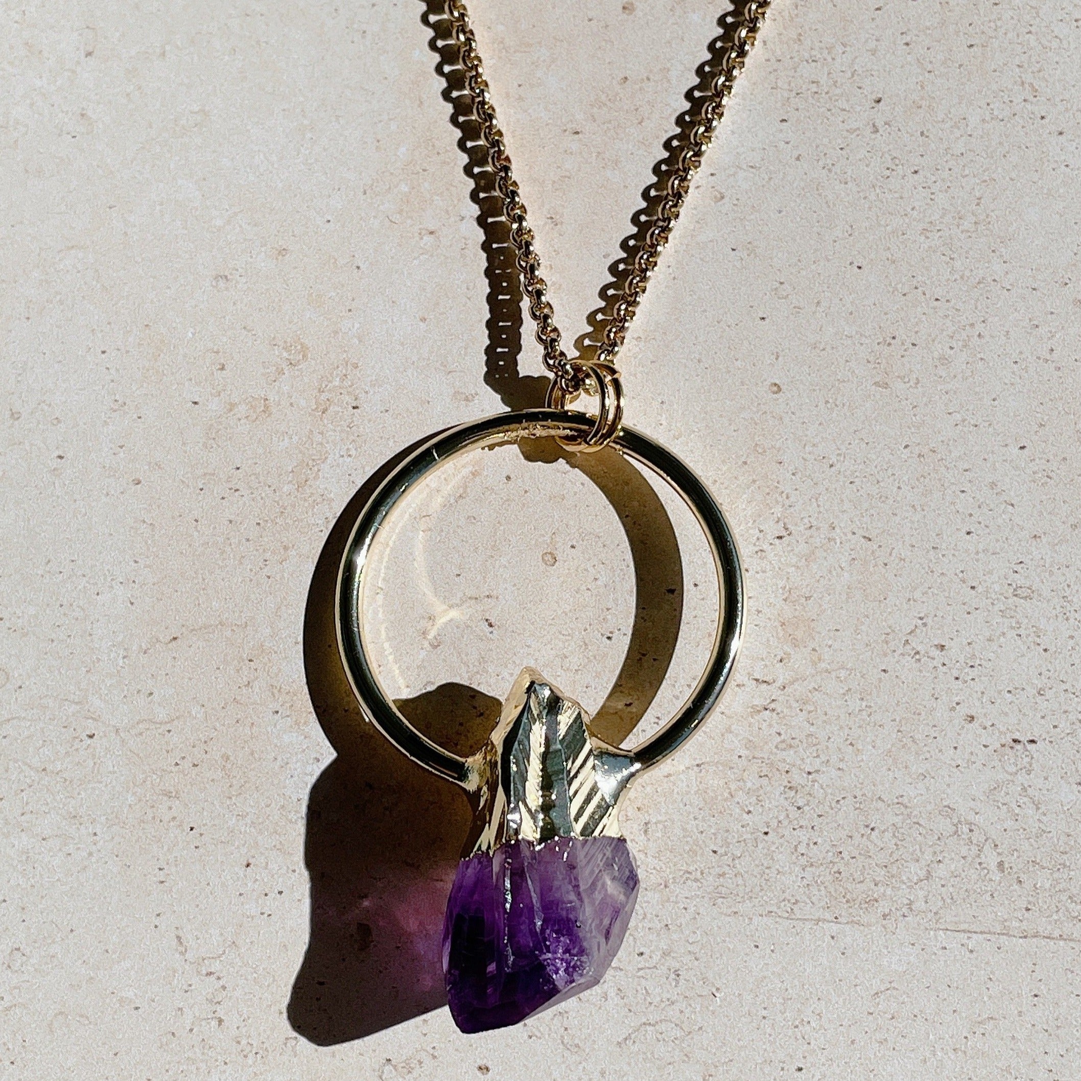 RINGED Amethyst Crystal Necklace | Gold (32 inch chain)