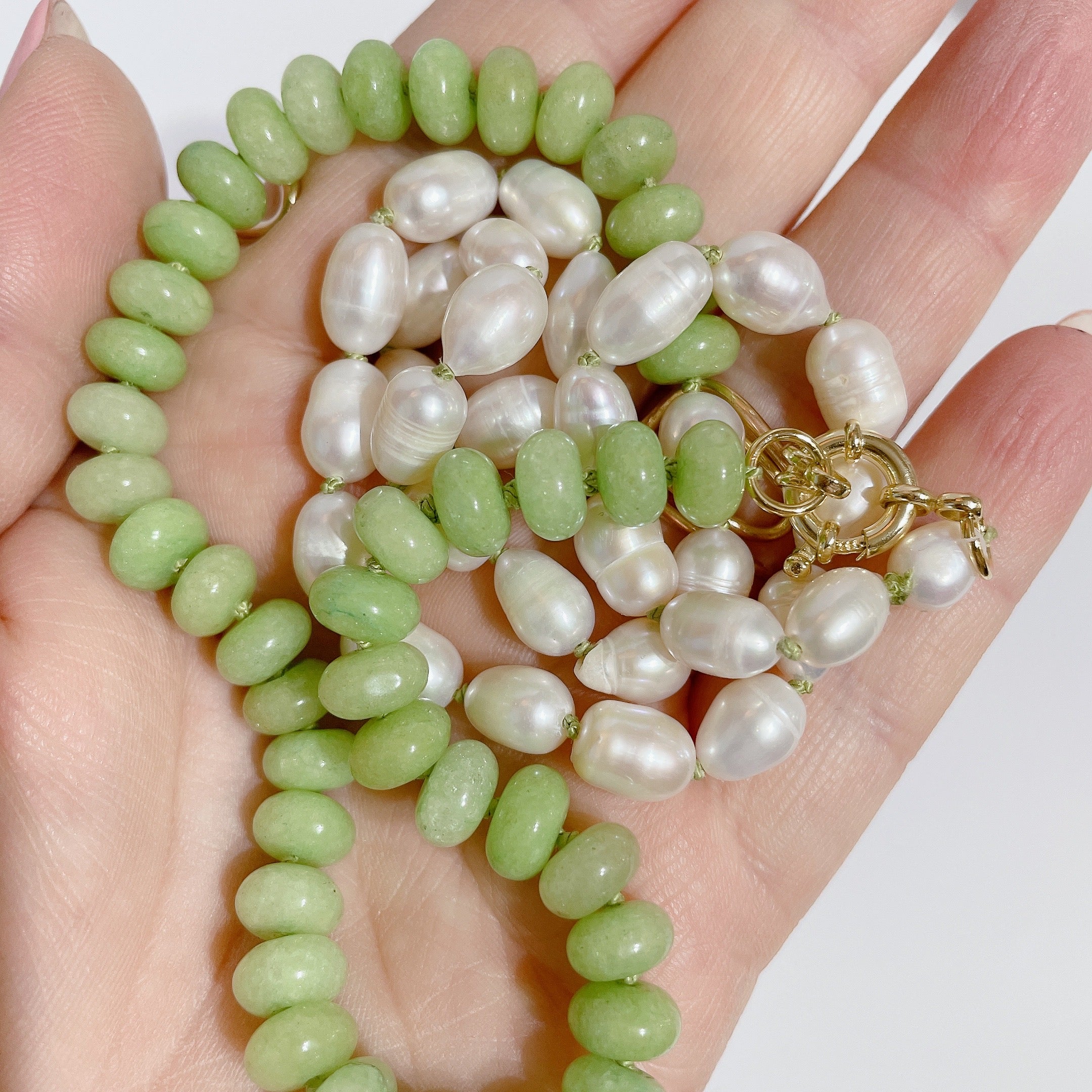 SPRING GREEN Pearl & Gemstone Beaded Necklace with Green Silk Thread | Gold | 24" | ONE OF A KIND