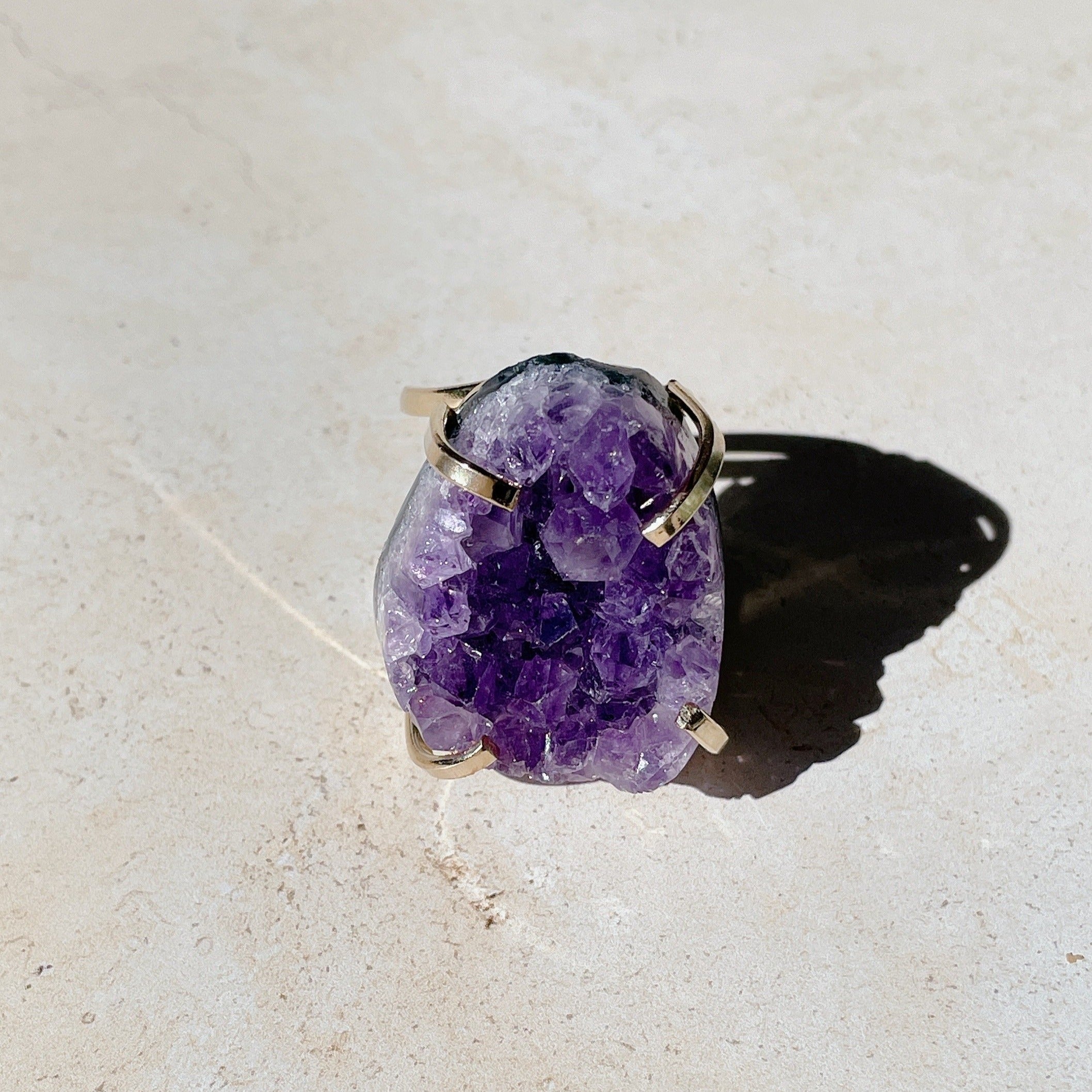 RAW Purple Amethyst Cluster Crystal Cuff Ring | Gold (Adjustable)