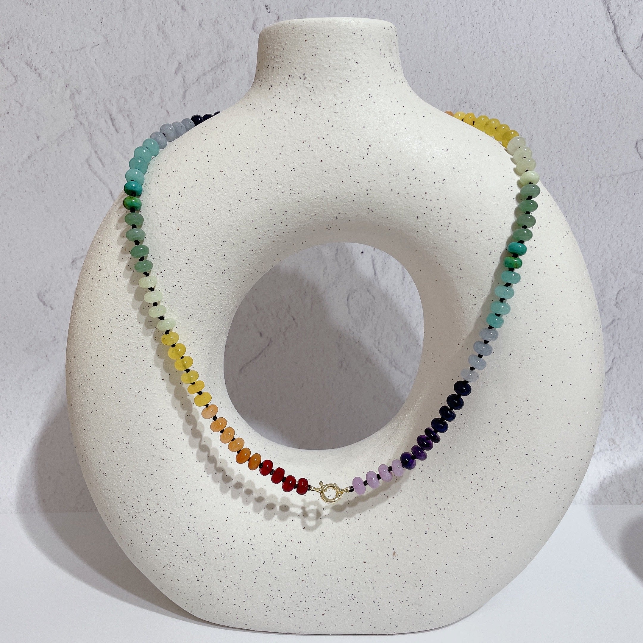 RAINBOW Beaded Gemstone Necklace with Black Silk Thread | Gold | 25" | ONE OF A KIND