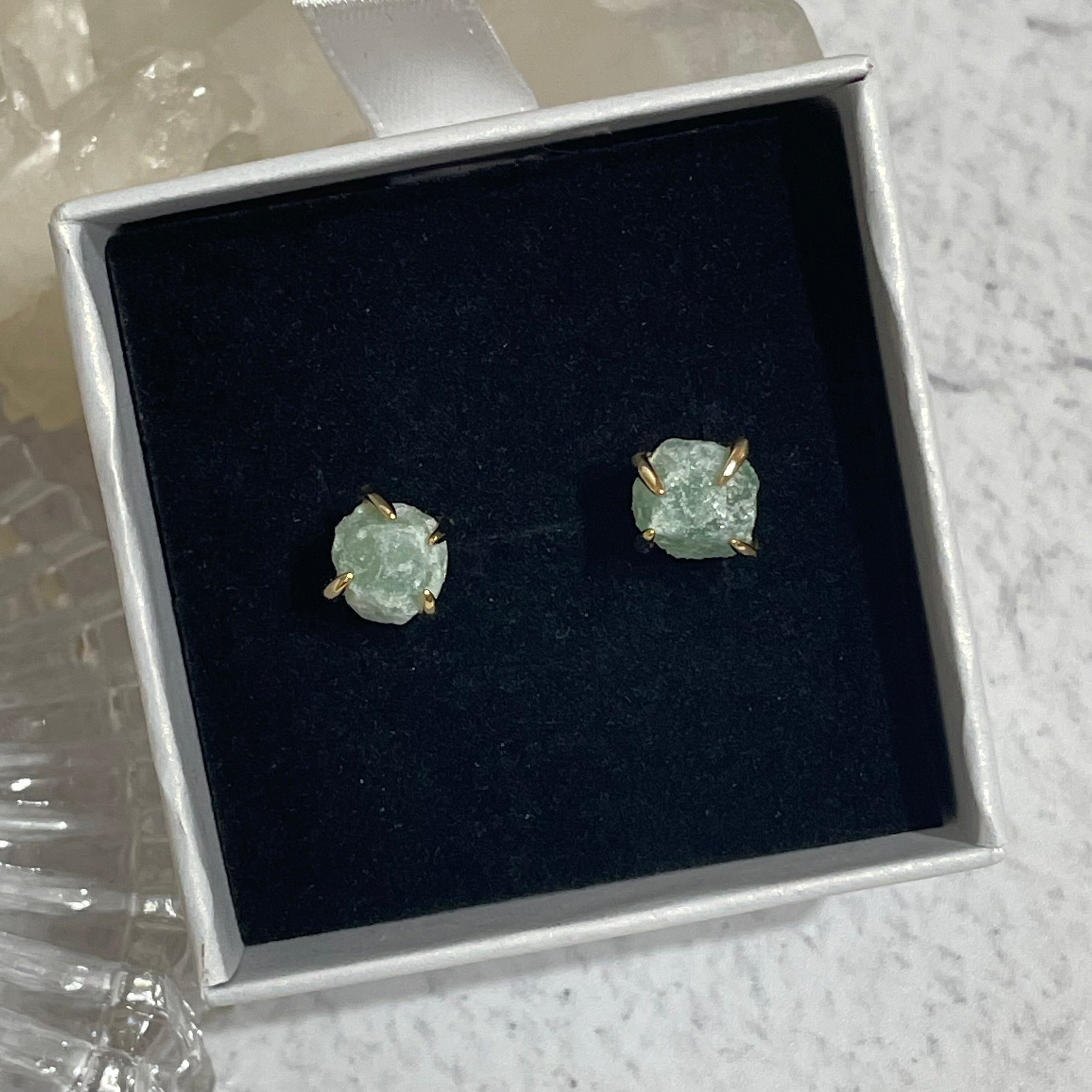 RAW Green Frosted Aventurine Crystal Studs | 14kt Gold