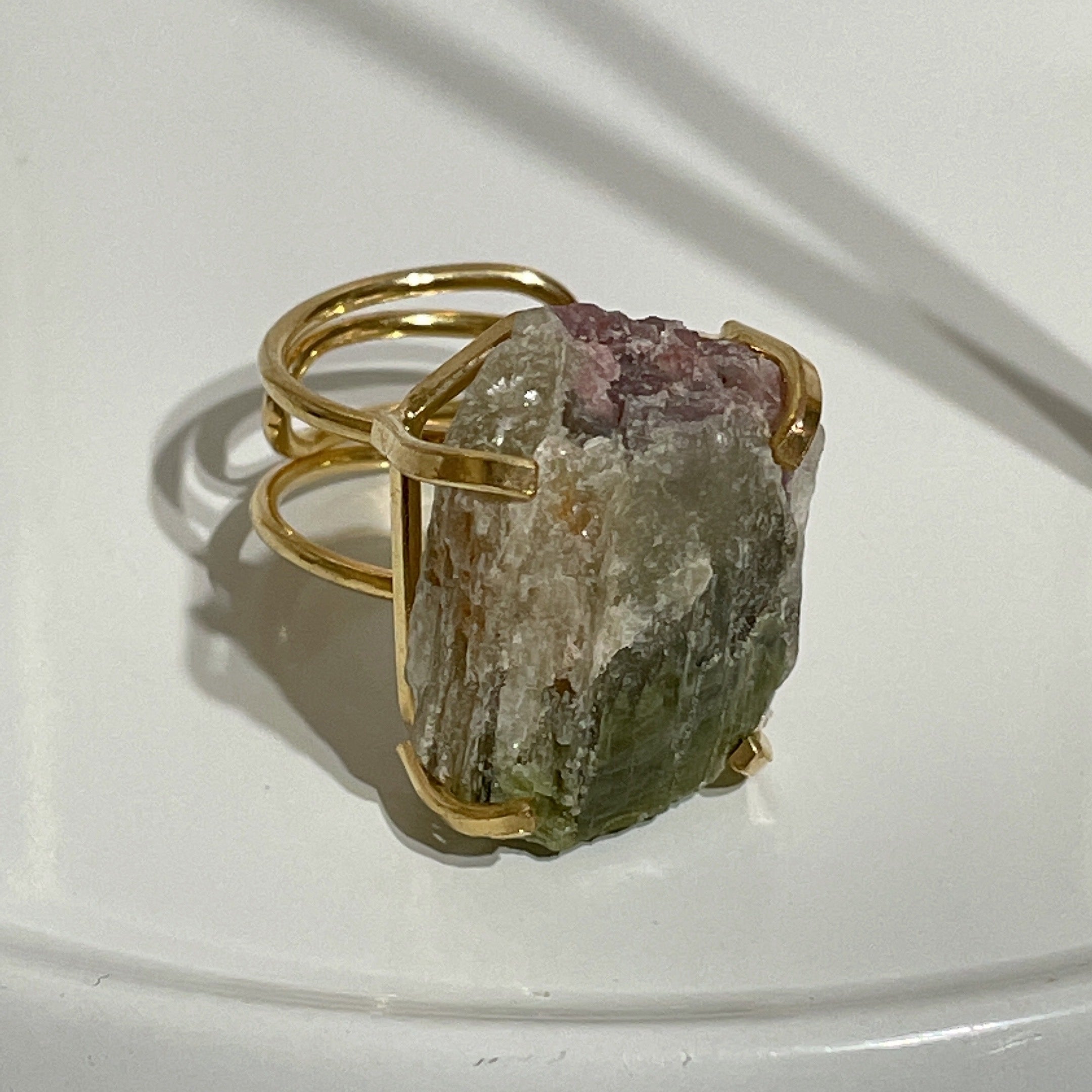 RAW Watermelon Tourmaline Crystal Ring | Gold (Adjustable)