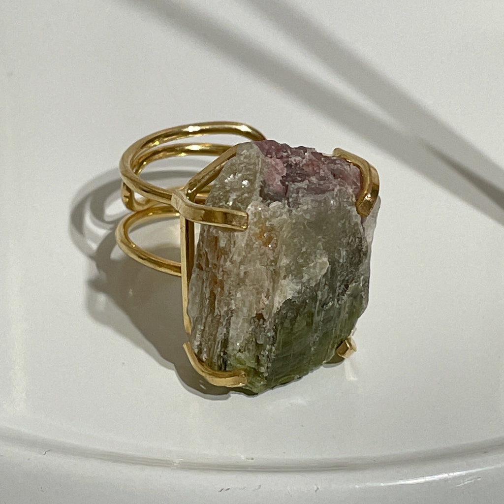 RAW Watermelon Tourmaline Crystal Ring | Gold (Adjustable)