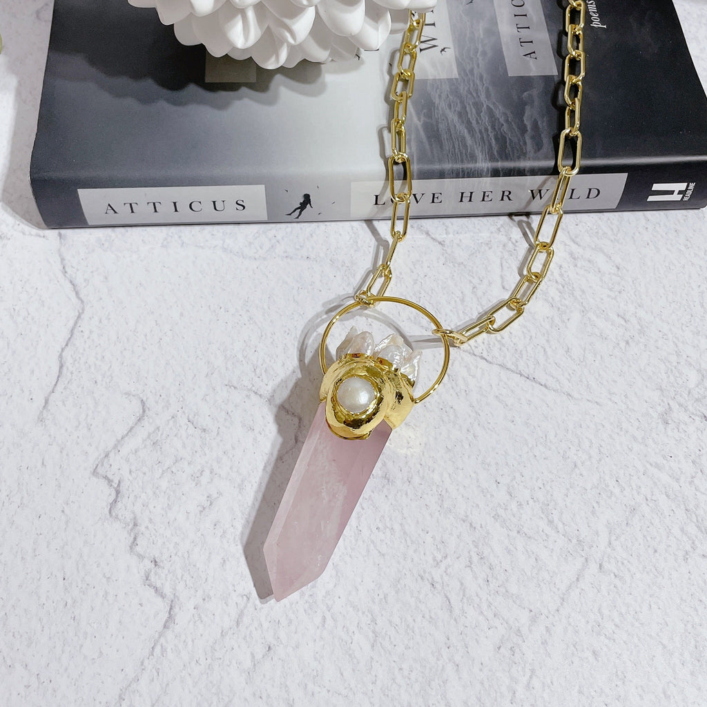 POINTED Pink Rose Quartz Crystal & Pearl Necklace | Gold (26 inch chain)