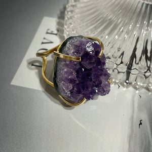 RAW Purple Amethyst Cluster Crystal Cuff Ring | Gold (Adjustable)