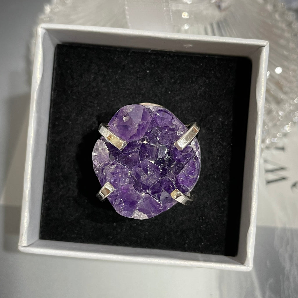 RAW Purple Amethyst Cluster Crystal Ring | Silver (Adjustable)