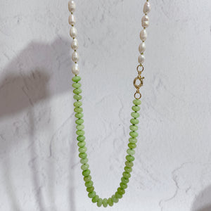 SPRING GREEN Pearl & Gemstone Beaded Necklace with Green Silk Thread | Gold | 24" | ONE OF A KIND