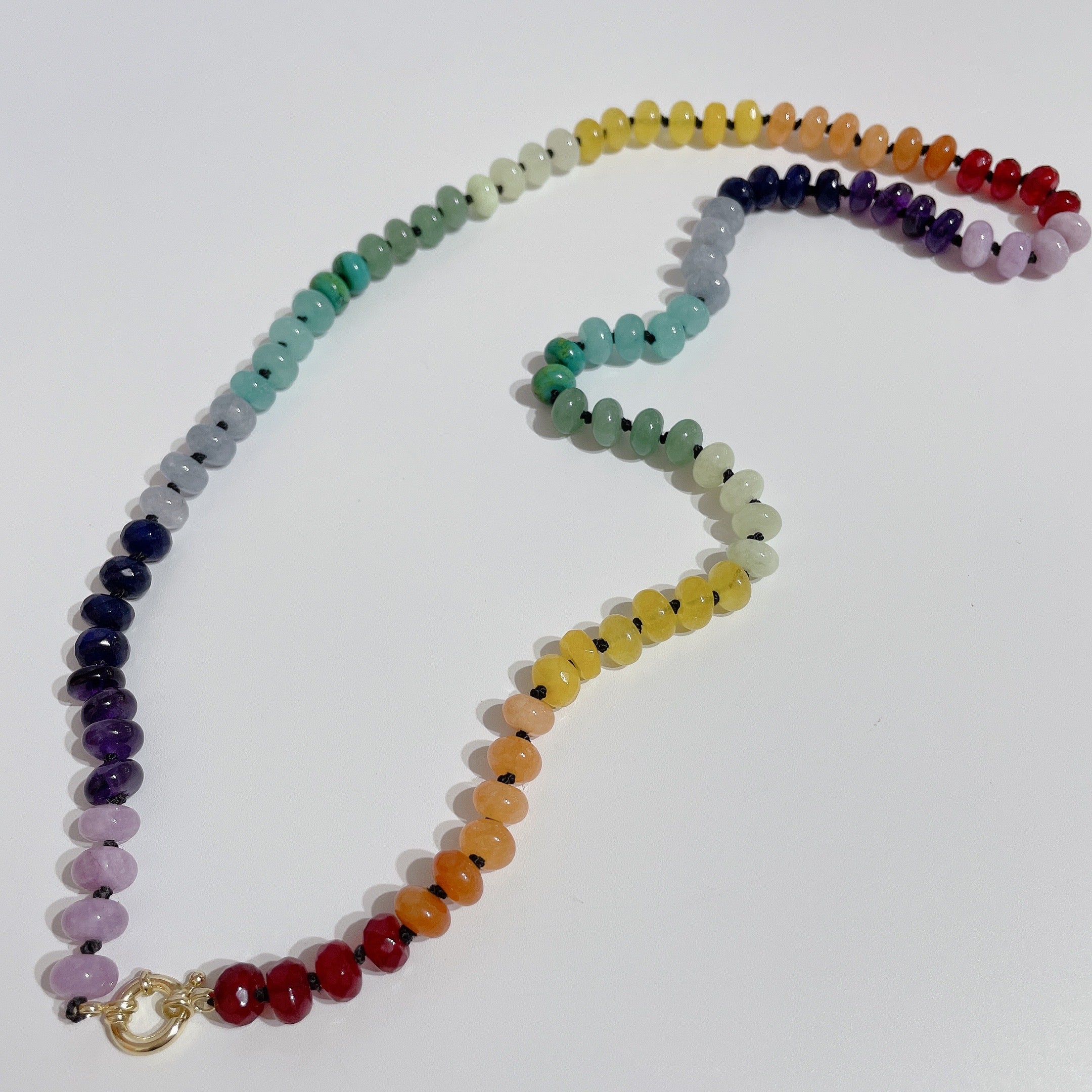 RAINBOW Beaded Gemstone Necklace with Black Silk Thread | Gold | 25" | ONE OF A KIND