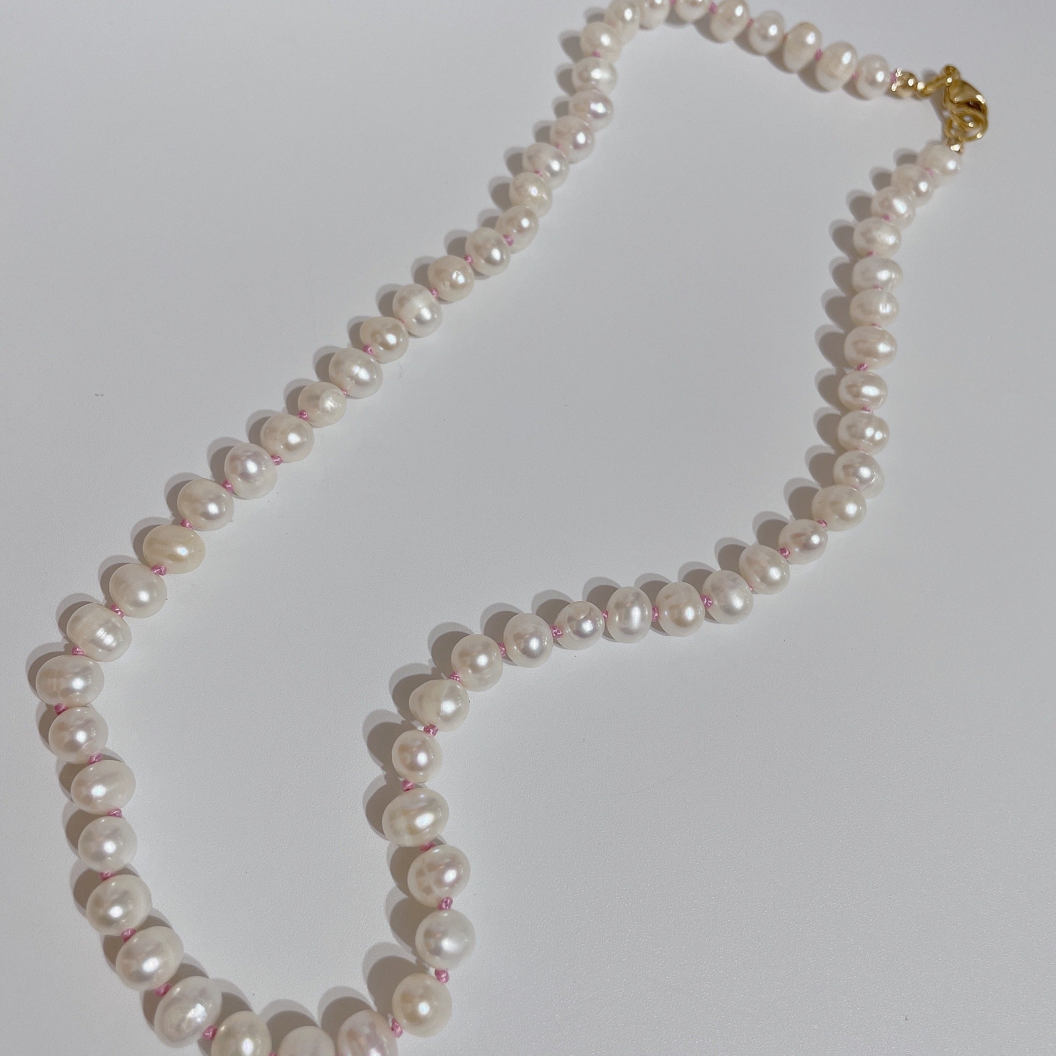 FRESHWATER PEARL Beaded Necklace with Pink Thread | Gold | 18" | ONE OF A KIND