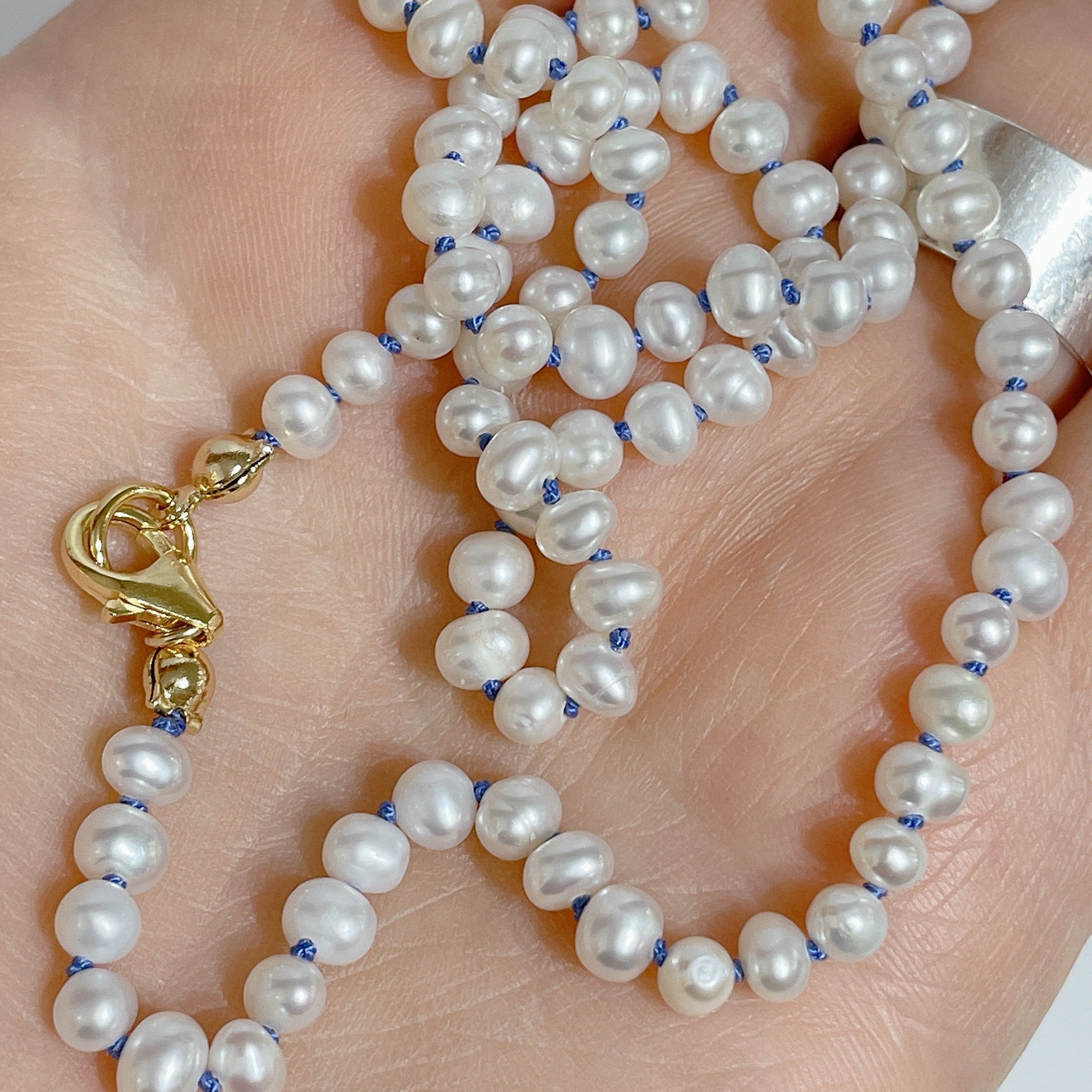 'NEW' MINI FRESHWATER PEARL Beaded Necklace with Blue Silk Thread | Gold | 18"